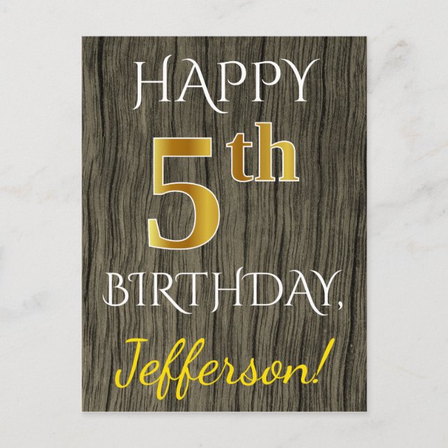 Carte Postale Faux Wood, Faux Gold 5e anniversaire + Nom personn (Devant)
