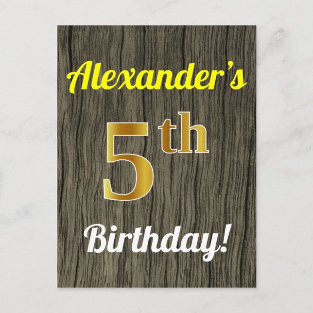 Carte Postale Faux Wood, Faux Gold 5e Anniversaire & Nom personn (Devant)