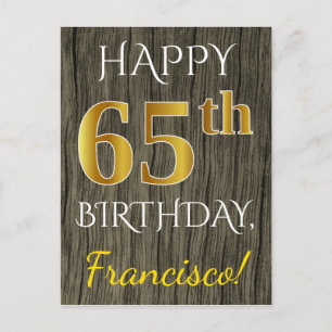 Carte Postale Faux Wood, Faux Gold 65e anniversaire + Nom person
