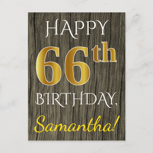 Carte Postale Faux Wood, Faux Gold 66e anniversaire + Nom person (Devant)