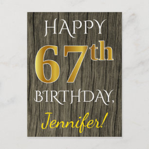 Carte Postale Faux Wood, Faux Gold 67e anniversaire + Nom person
