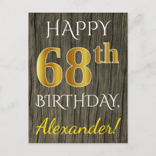 Carte Postale Faux Wood, Faux Gold 68e anniversaire + Nom person