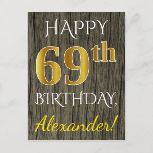Carte Postale Faux Wood, Faux Gold 69e anniversaire + Nom person