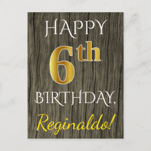 Carte Postale Faux Wood, Faux Gold 6e anniversaire + Nom personn