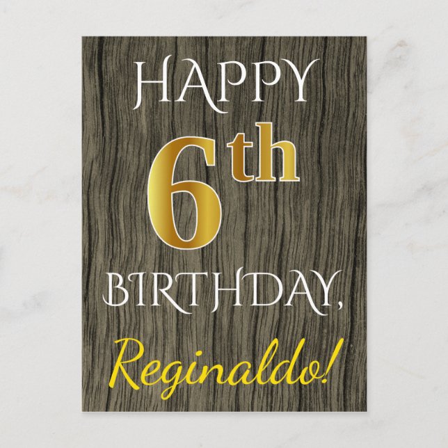 Carte Postale Faux Wood, Faux Gold 6e anniversaire + Nom personn (Devant)
