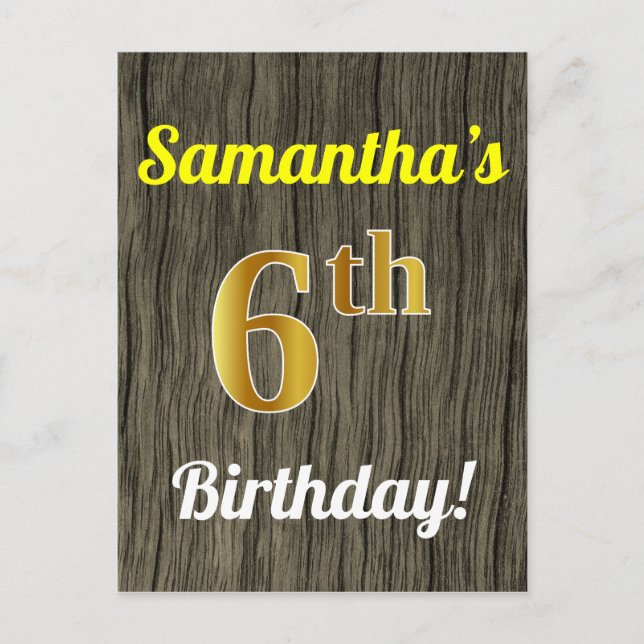 Carte Postale Faux Wood, Faux Gold 6e anniversaire & Nom personn (Devant)