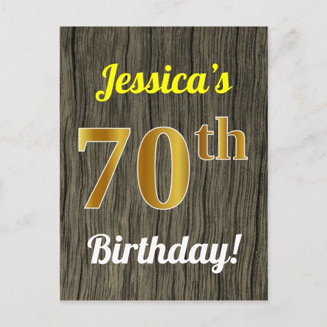 Carte Postale Faux Wood, Faux Gold 70e Anniversaire & Nom person (Devant)