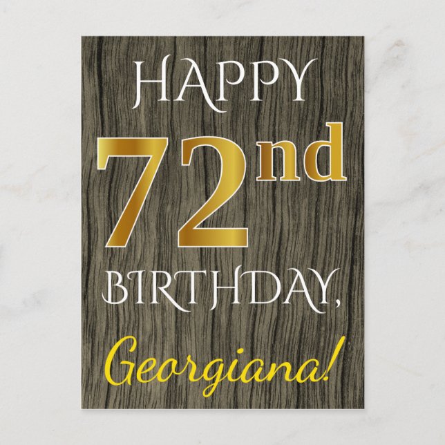Carte Postale Faux Wood, Faux Gold 72e anniversaire + Nom person (Devant)
