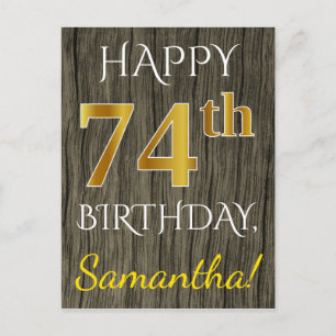 Carte Postale Faux Wood, Faux Gold 74e anniversaire + Nom person