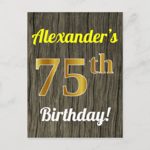 Carte Postale Faux Wood, Faux Gold 75e Anniversaire & Nom person