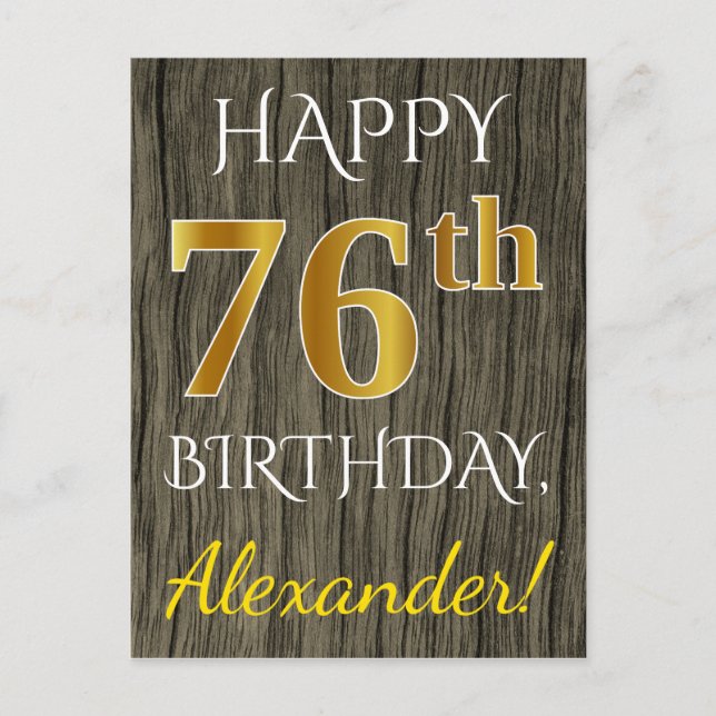 Carte Postale Faux Wood, Faux Gold 76e anniversaire + Nom person (Devant)