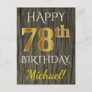 Carte Postale Faux Wood, Faux Gold 78e anniversaire + Nom person