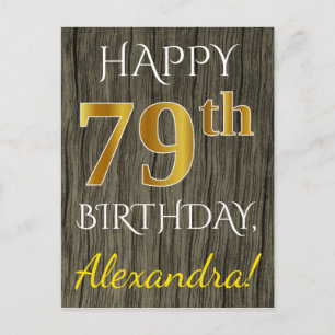 Carte Postale Faux Wood, Faux Gold 79e anniversaire + Nom person