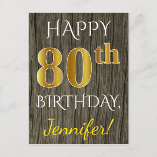 Carte Postale Faux Wood, Faux Gold 80e anniversaire + Nom person