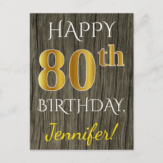Carte Postale Faux Wood, Faux Gold 80e anniversaire + Nom person (Devant)