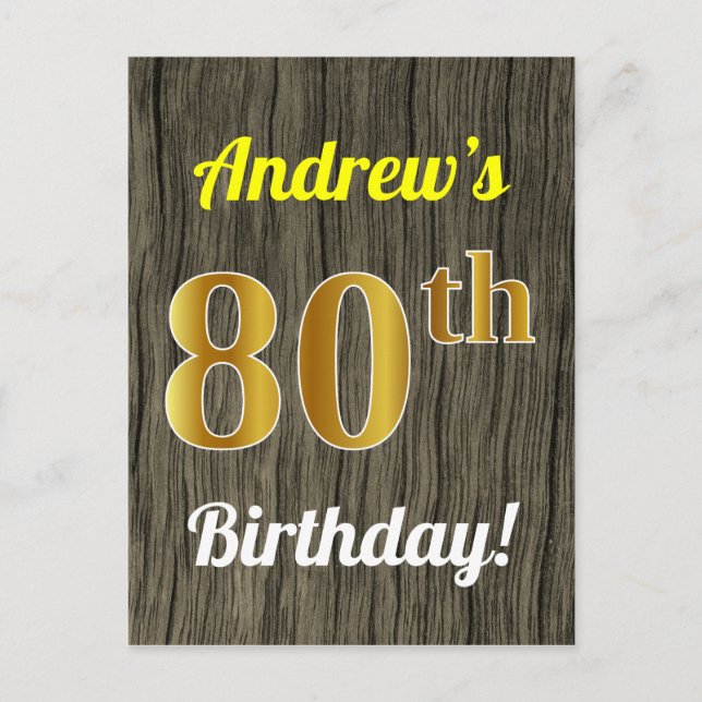 Carte Postale Faux Wood, Faux Gold 80th Birthday & Custom Name (Devant)