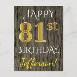 Carte Postale Faux Wood, Faux Gold 81e anniversaire + Nom person