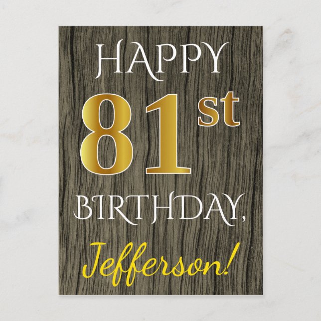 Carte Postale Faux Wood, Faux Gold 81e anniversaire + Nom person (Devant)