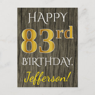 Carte Postale Faux Wood, Faux Gold 83e anniversaire + Nom person