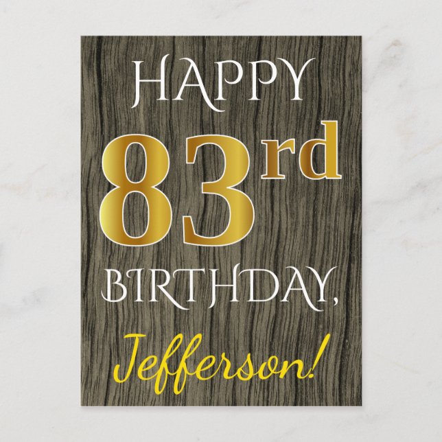 Carte Postale Faux Wood, Faux Gold 83e anniversaire + Nom person (Devant)
