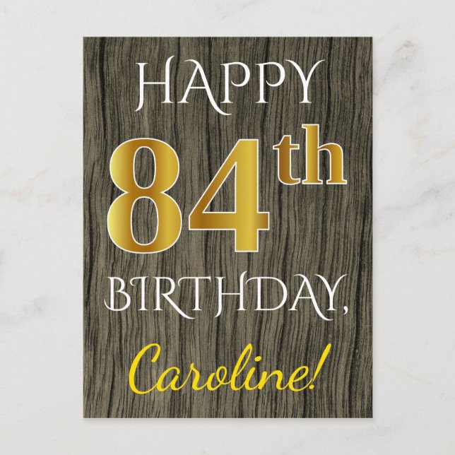 Carte Postale Faux Wood, Faux Gold 84e anniversaire + Nom person (Devant)