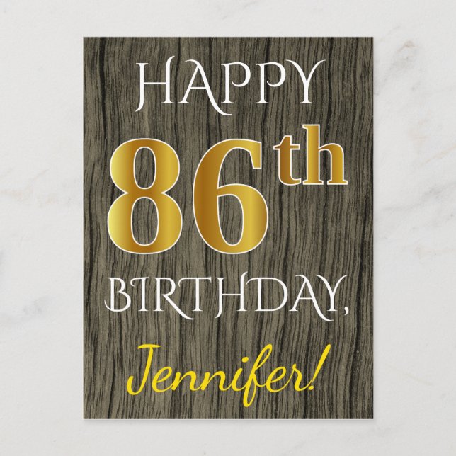 Carte Postale Faux Wood, Faux Gold 86e anniversaire + Nom person (Devant)