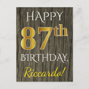Carte Postale Faux Wood, Faux Gold 87e anniversaire + Nom person