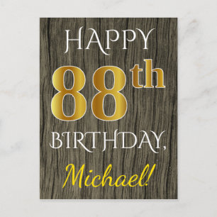 Carte Postale Faux Wood, Faux Gold 88e anniversaire + Nom person