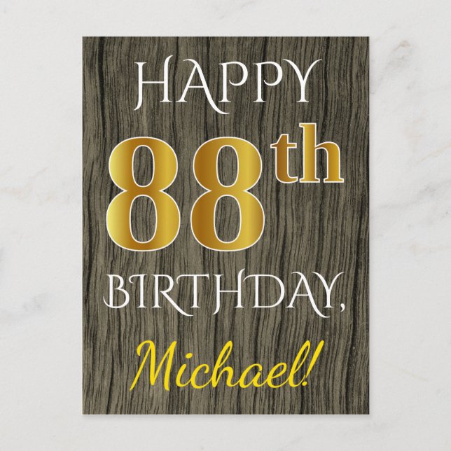 Carte Postale Faux Wood, Faux Gold 88e anniversaire + Nom person (Devant)