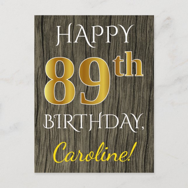 Carte Postale Faux Wood, Faux Gold 89e anniversaire + Nom person (Devant)