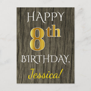 Carte Postale Faux Wood, Faux Gold 8e anniversaire + Nom personn