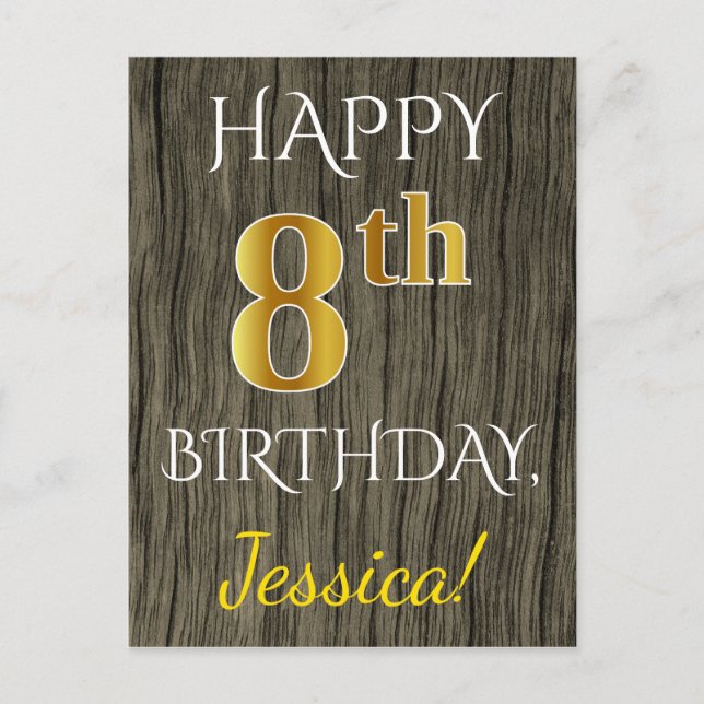 Carte Postale Faux Wood, Faux Gold 8e anniversaire + Nom personn (Devant)