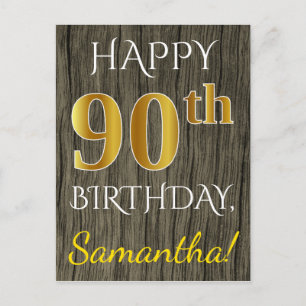 Carte Postale Faux Wood, Faux Gold 90e anniversaire + Nom person
