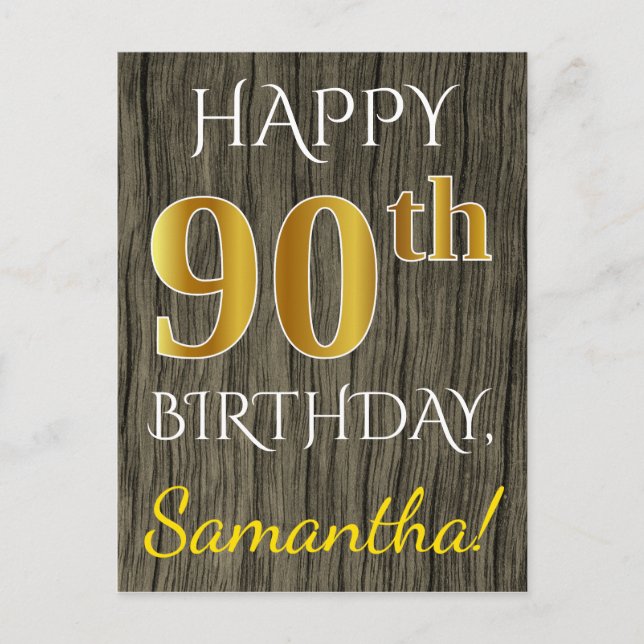 Carte Postale Faux Wood, Faux Gold 90e anniversaire + Nom person (Devant)