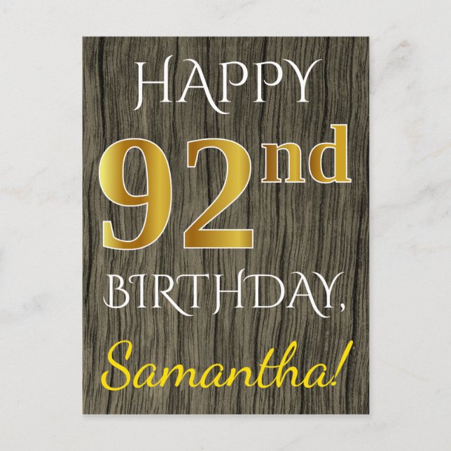 Carte Postale Faux Wood, Faux Gold 92e anniversaire + Nom person (Devant)