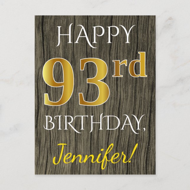 Carte Postale Faux Wood, Faux Gold 93e anniversaire + Nom person (Devant)