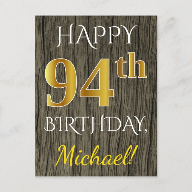 Carte Postale Faux Wood, Faux Gold 94e anniversaire + Nom person (Devant)