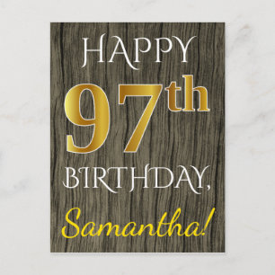 Carte Postale Faux Wood, Faux Gold 97e anniversaire + Nom person