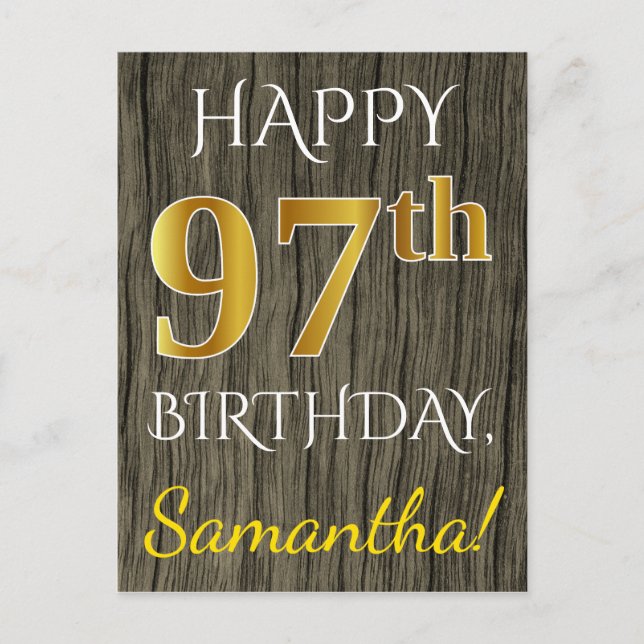 Carte Postale Faux Wood, Faux Gold 97e anniversaire + Nom person (Devant)