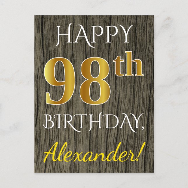 Carte Postale Faux Wood, Faux Gold 98e anniversaire + Nom person (Devant)