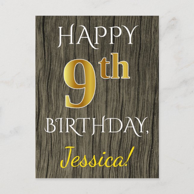 Carte Postale Faux Wood, Faux Gold 9e Anniversaire + Nom personn (Devant)