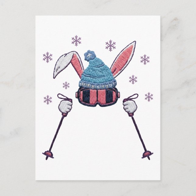 Carte Postale Faux yarn skiing rabbit winter humor (Devant)