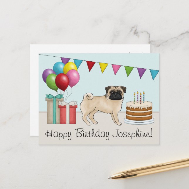 Carte Postale Fawn Pug Chiot de Dessin Animé Mignon Joyeux Anniv (Devant/Arrière en situation)