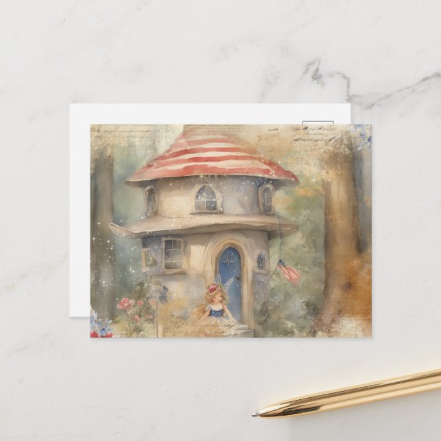Carte Postale Fée à l'aquarelle chez elle (Devant/Arrière en situation)