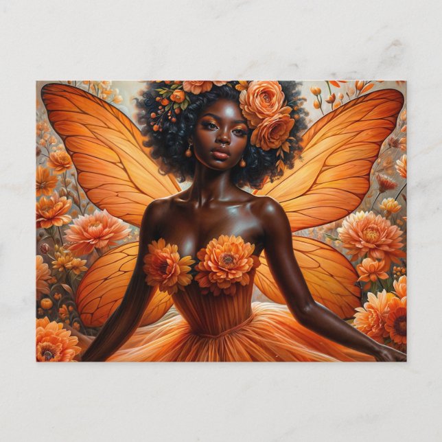 Carte Postale Fée à peau foncée avec afro - Floral orange (Devant)