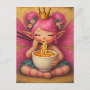 Carte Postale Fée adorable avec cheveux roses manger Ramen