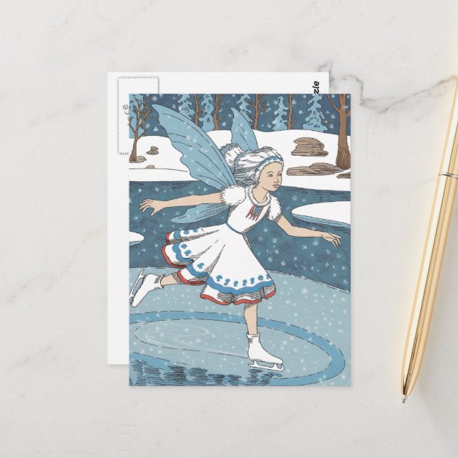 Carte Postale Fée adorable de patinage sur glace Forêt enneigée  (Devant/Arrière en situation)