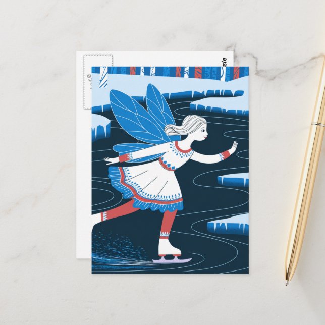 Carte Postale Fée adorable du patinage sur glace Étang gelé en h (Devant/Arrière en situation)