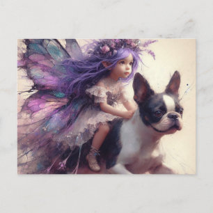 Carte Postale Fée aux cheveux violets montant un Boston Terrier 