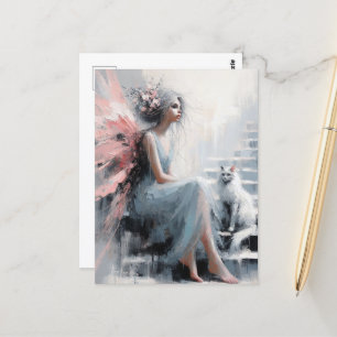 Carte Postale Fée avec chat blanc sur les escaliers